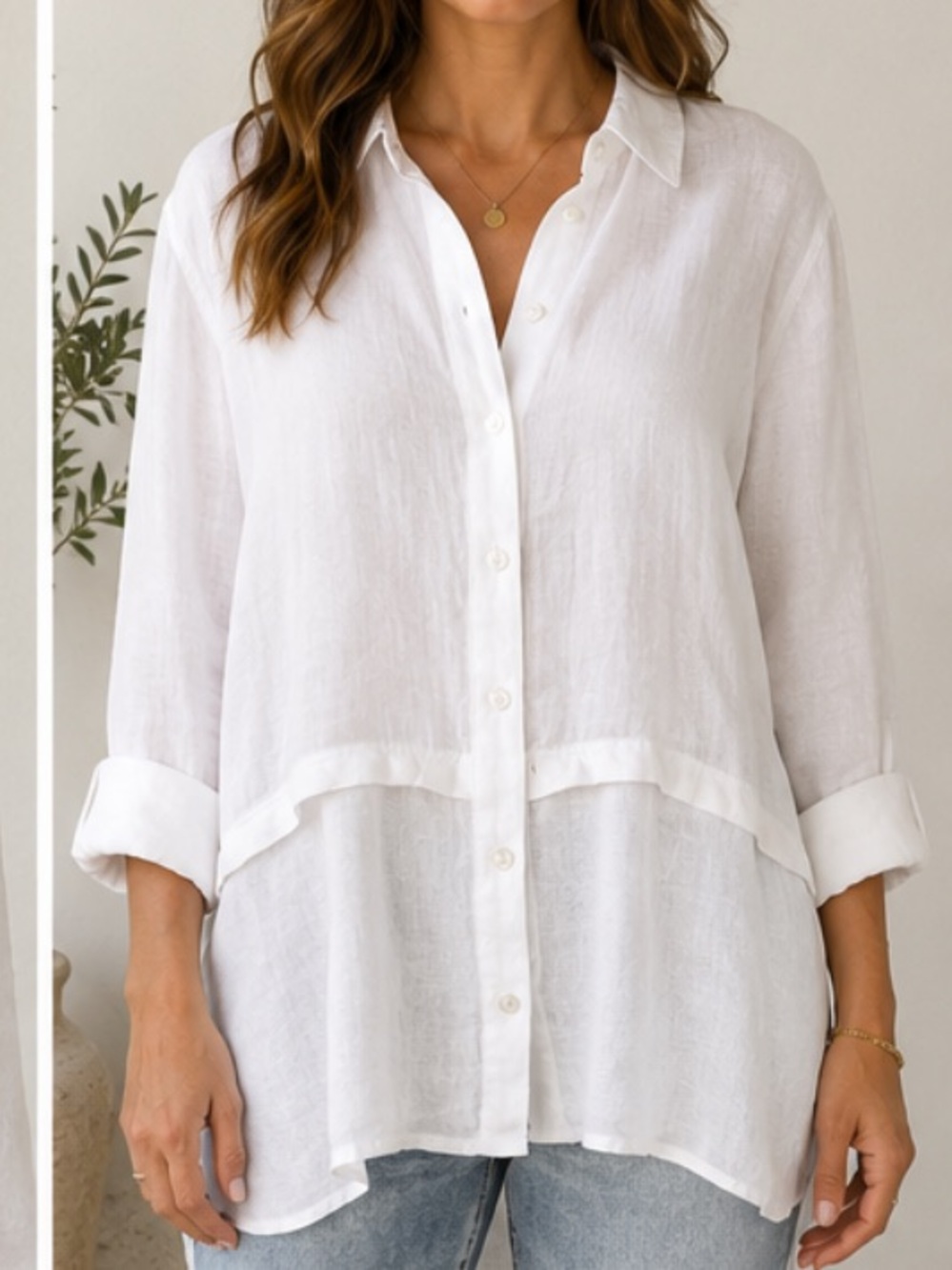 Rachel Zoe 100% Linen Flax Convertible Button Front Shirt White Large Layered